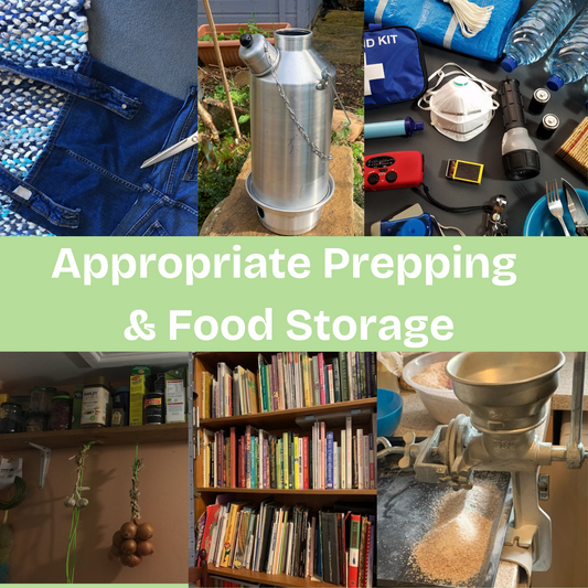 Collage image of rag-rug with denim apron representing make do living, Ghillie kettle and emergency kit representing preparedness, food storage representing resilience, books on shelves for developing skills and knowledge, image of wheat grinder grinding wheat representing resilience. 