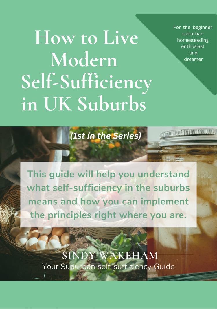 Image of guide cover in green and white tones of colour with collage of three images of preserved apples, garden harvest and a basket of eggs conveying self-sufficiency, resourcefulness and abundance.