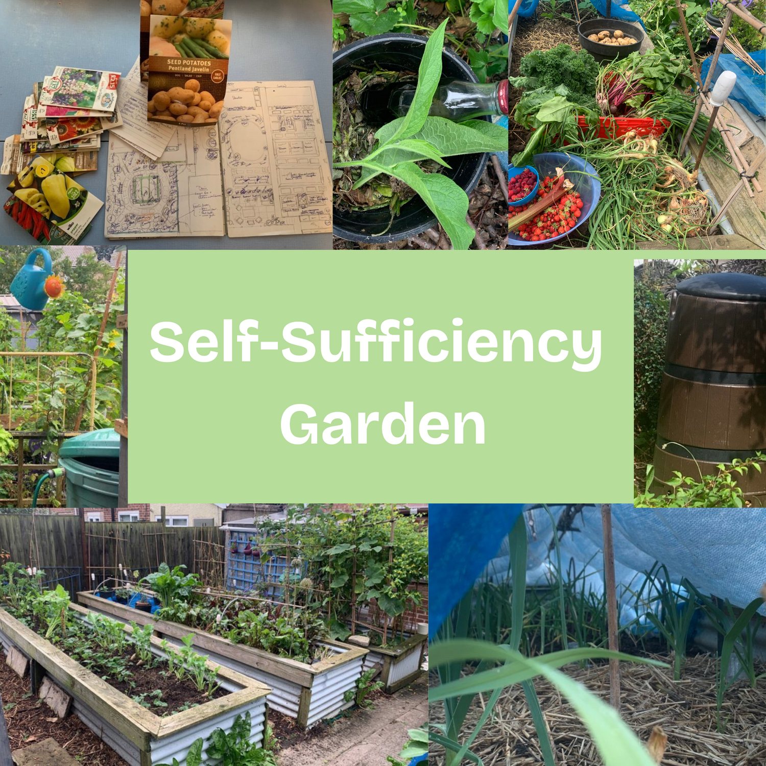 Collage image of garden plan drawings with seed packs representing grow-your-own, comfrey leaves in a tub with a bottle of rotted comfrey juice in a bottle representing homemade plant food, multiple garden harvests on a garden bed, water butt and watering can, composter representing garden resilience, raised metal garden beds with vegetables growing  home food production, leek bed protected from snow for seasonal growing.