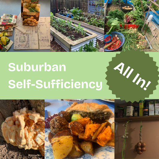 Collage image of a homestead lifestyle - combining garden plan, vegetable garden, garden harvests, wild mushroom, home cooked homegrown roast dinner, food storage shelf with strung onions and garlic hanging from it.